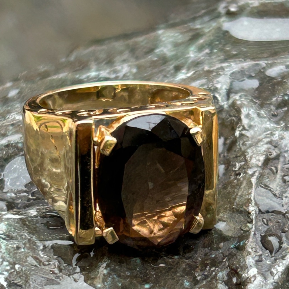 14K yellow gold 10ct 10 carats Smokey topaz Brown Gemstone Ring size 7 not scrap